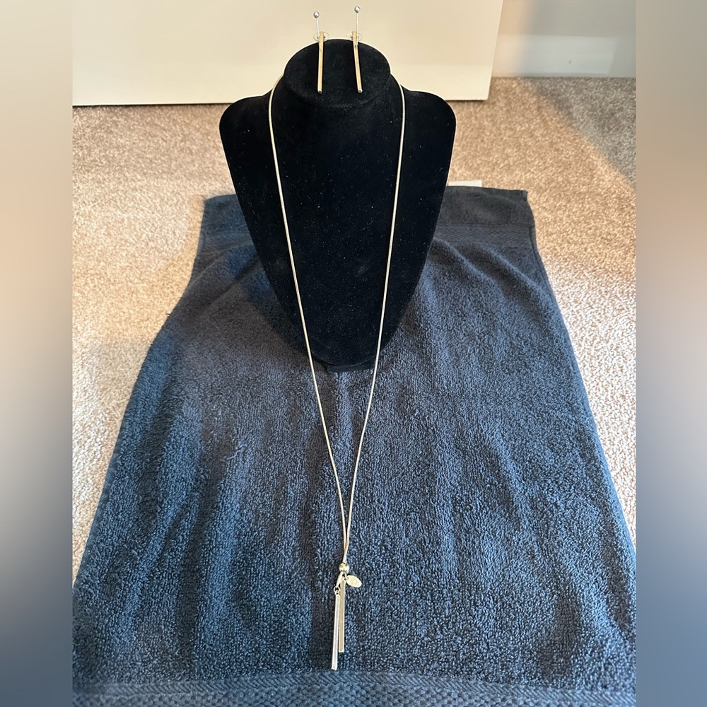 ^ Charming Charlie Gold Vertical Bar Long Necklace and Earrings Set (Approx 32 I